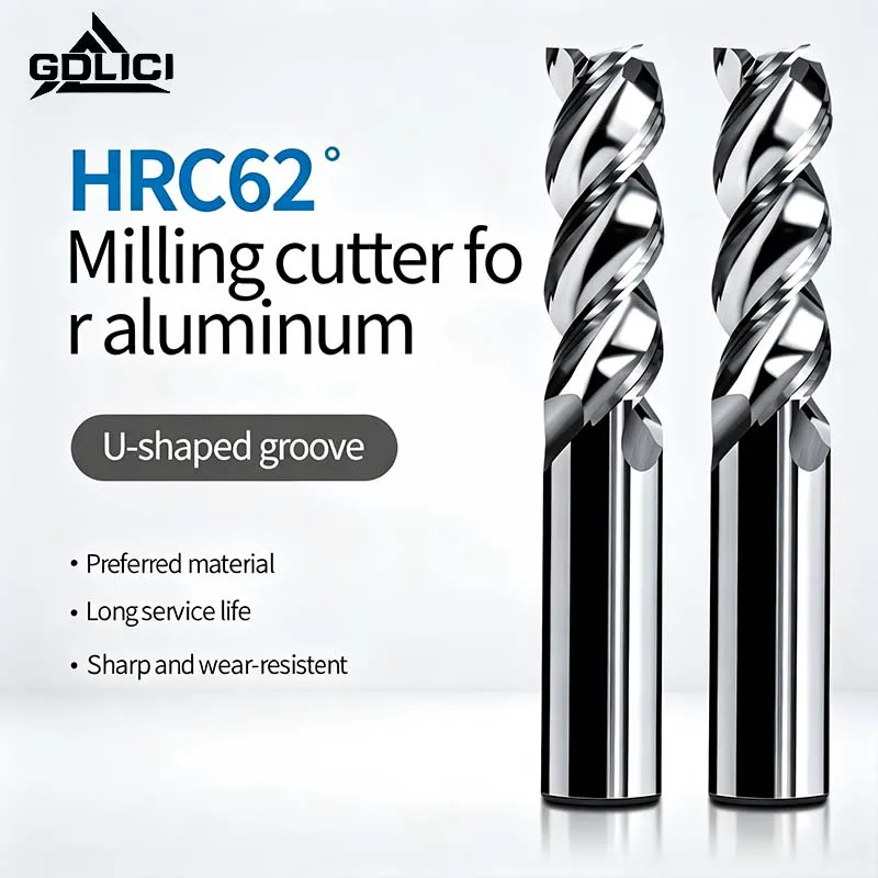 62HRC Long Shank U-Groove 3 Blade Mirror Coated End Mill Smooth Chip Removal for Aluminum CNC
