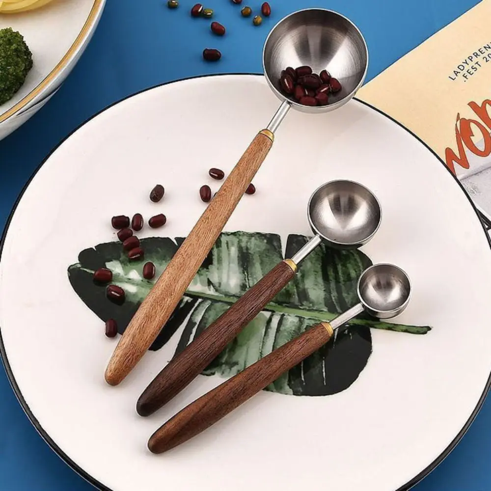 304 Stainless Steel Coffee Bean Measuring Spoons Long Handle 3/8/23ML Coffee Scoop Walnut Handle Coffee Powder Measuring Spoon