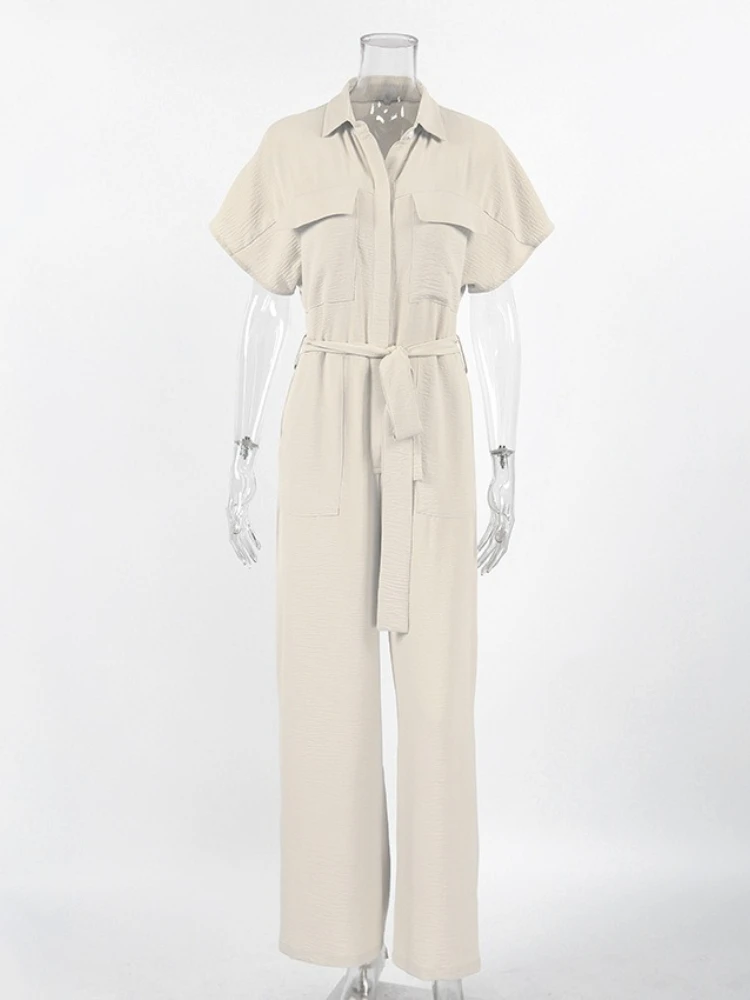 New Spring Summer Women's Tie Waist Wide Leg Lapel Jumpsuit Short Sleeves Solid Color Buttoned Pockets Casual One Piece Outfits