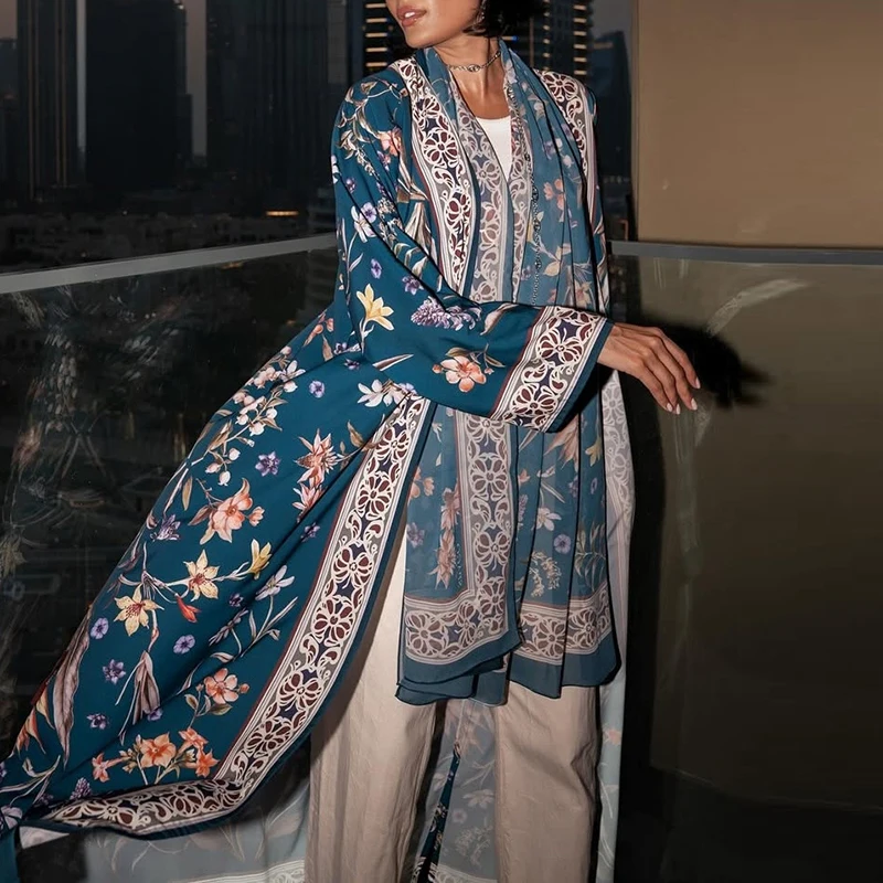 

Свободный мусульманский кардиган с длинными рукавами и цветочным принтом, элегантные уличные куртки для отдыха, новинка 2023 года, женское осеннее пальто с v-образным вырезом