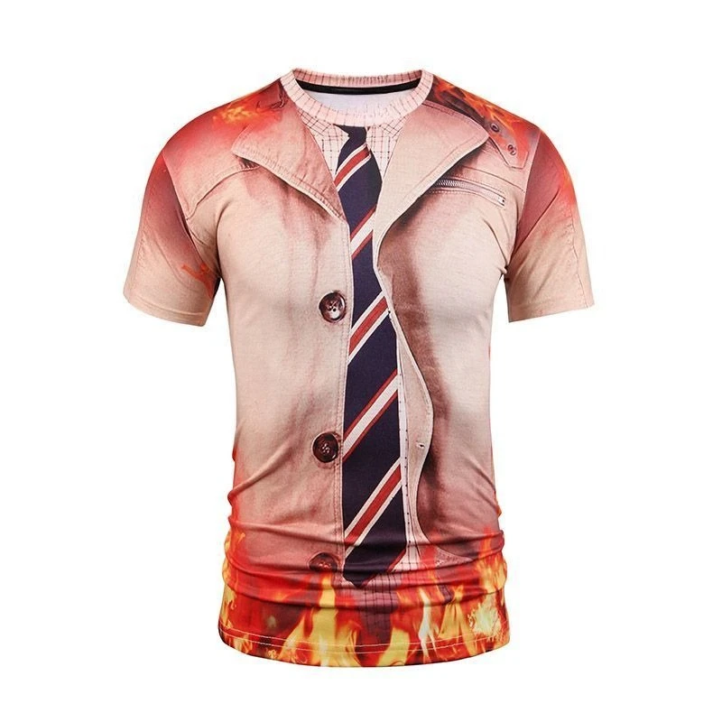 Camiseta 3D para Hombre con Diseño de Corbata de Traje Falso, Llamas y Otros Estampados; Ideal para Fiestas de Halloween, Cosplay, Uso Casual