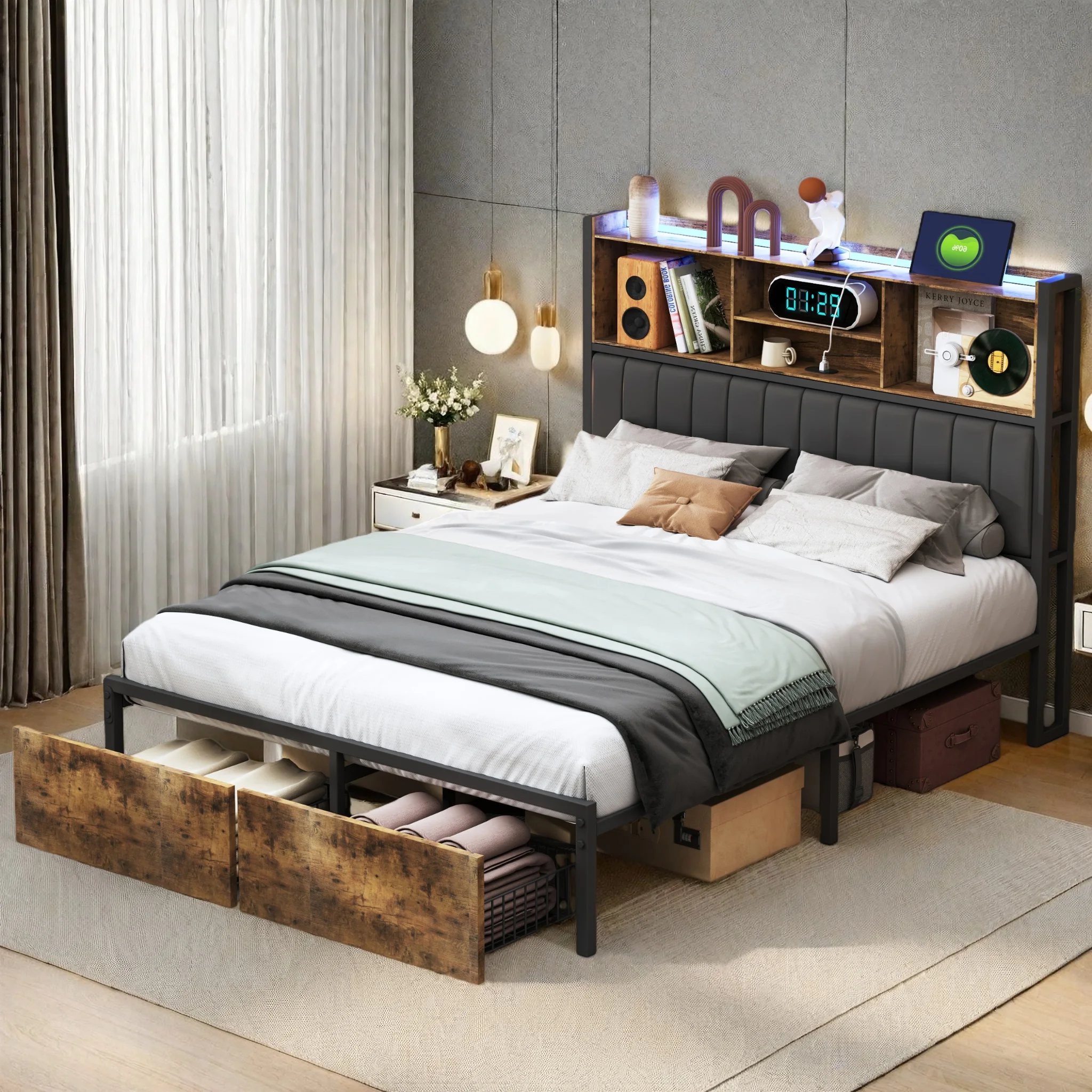 Base de Cama LED FANGANGE de 140x200cm con Cabecera con Almacenamiento, Cama Tapizada con 2 Cajones, Puertos USB y Control por Aplicación