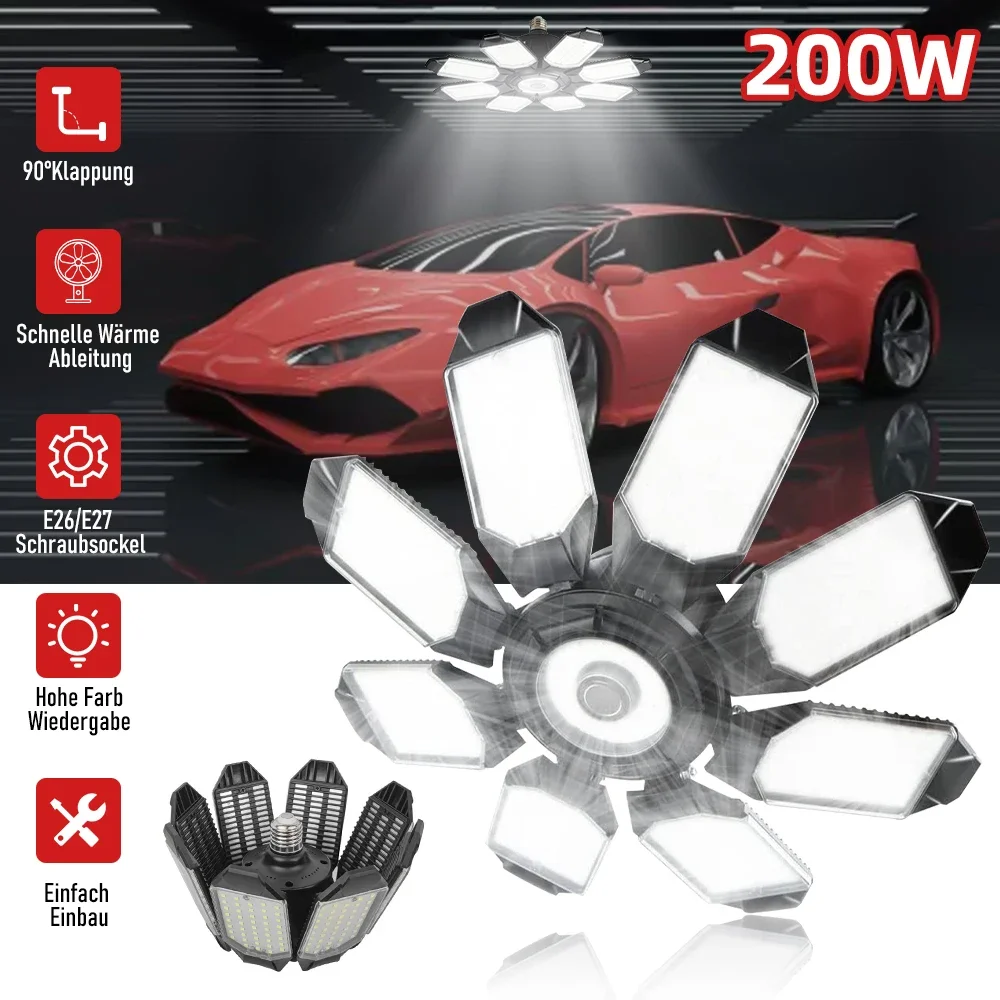 200W Garage Light E26/E27 Ceiling Light with 10 Adjustable Panels Foldable Workshop Industrial Fixture