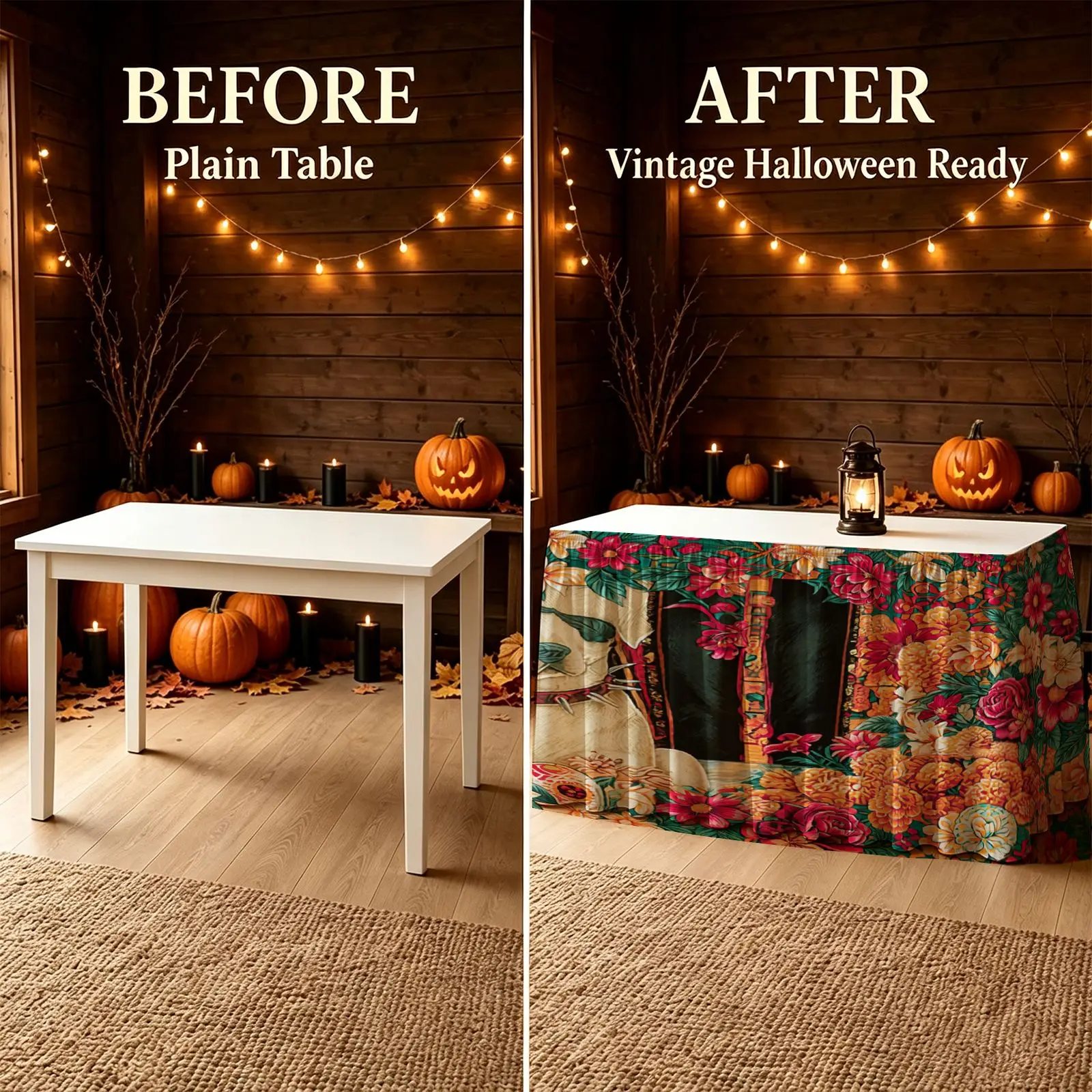 Halloween, Christmas, party horror table skirt set with vintage floral pattern, featuring roses and leaves