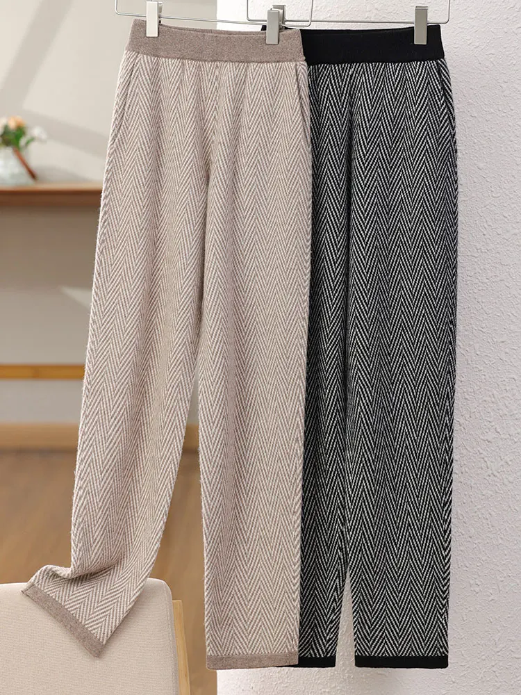 

Autumn Winter Wool Pencil Pants Women’s Cashmere Casual Pockets Pants 100% Merino Wool Knitwear Herringbone Trousers Fashion New