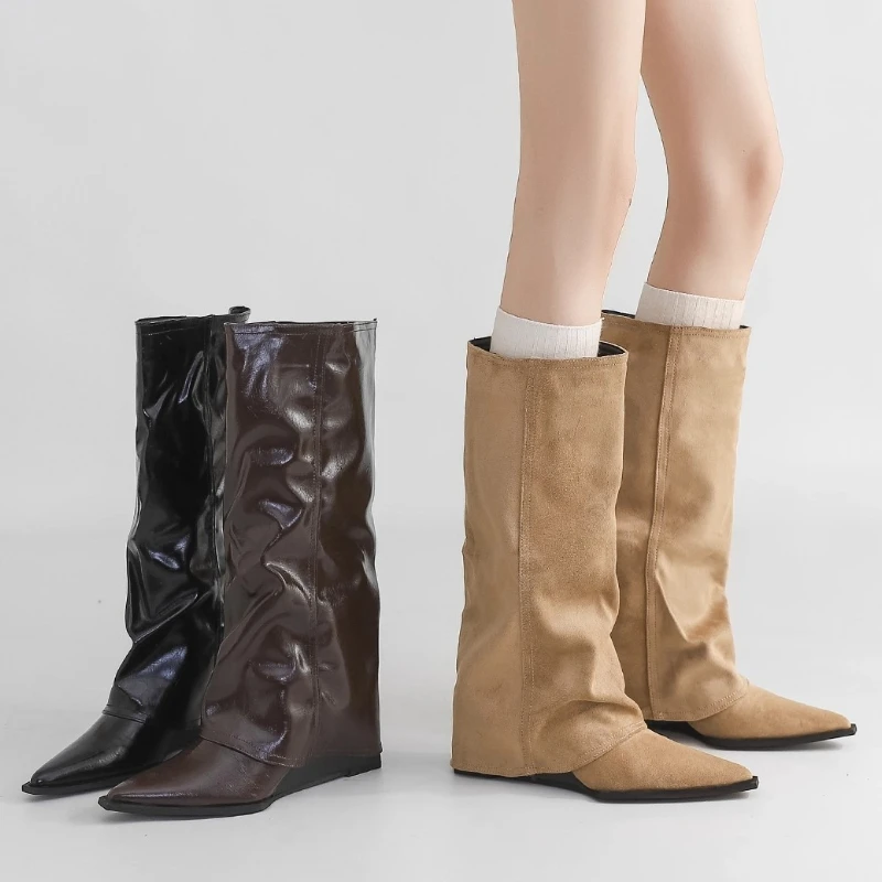 

Winter Pointed Toe Women Knee High Boots Concise Slip On Wedges Heel Shoes Street Style Banquet Party Pipe Long Botas Mujer