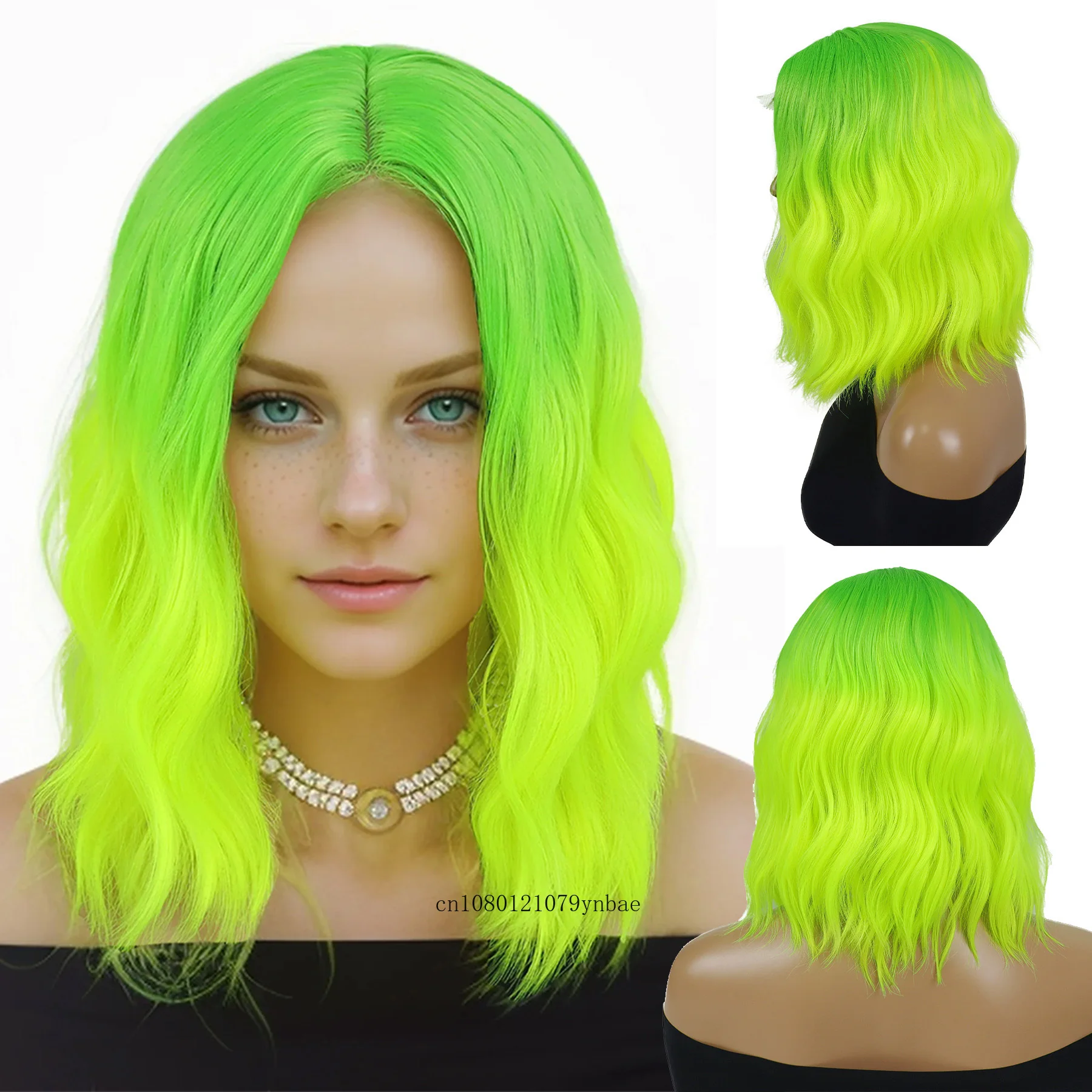 Ombre Green Wigs for Women Synthetic Short Wavy Lace Frontal Wig 16 Inch Middle Part Curly Wig Daily Party Halloween Costume Use