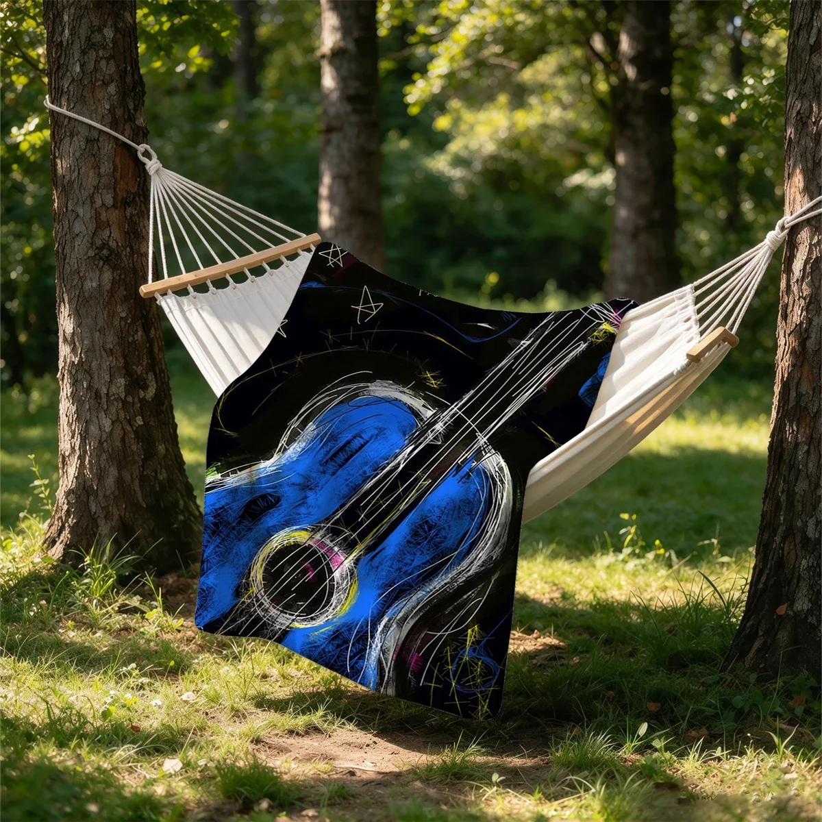 Vibrant Blue Acoustic Guitar Art Throw Blanket Cozy Bohemian Style Indoor Outdoor Decor Gift