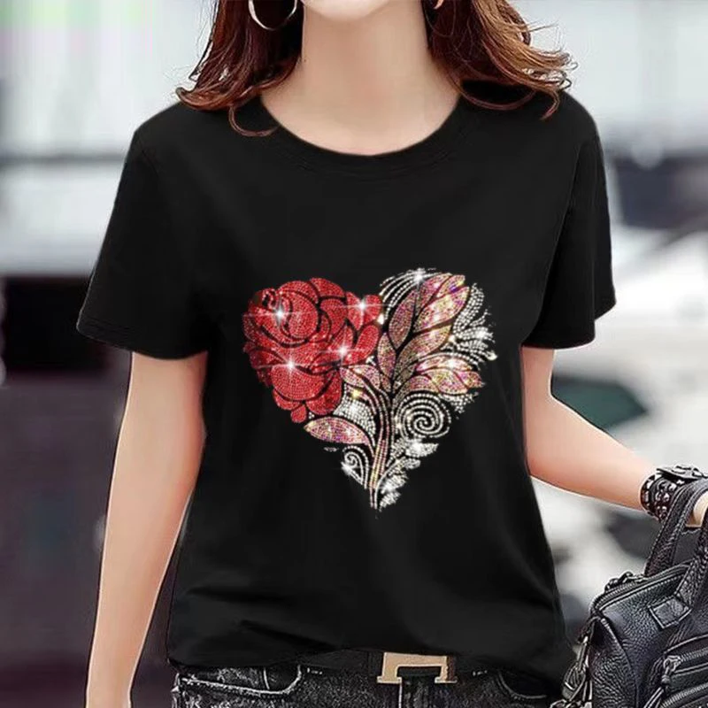 Odzież damska letnia koreańska moda Rhinestone czarne t-shirts z krótkim rękawem damskie Casual O dekolt z krótkim rękawem luźny, w stylu Basic topy