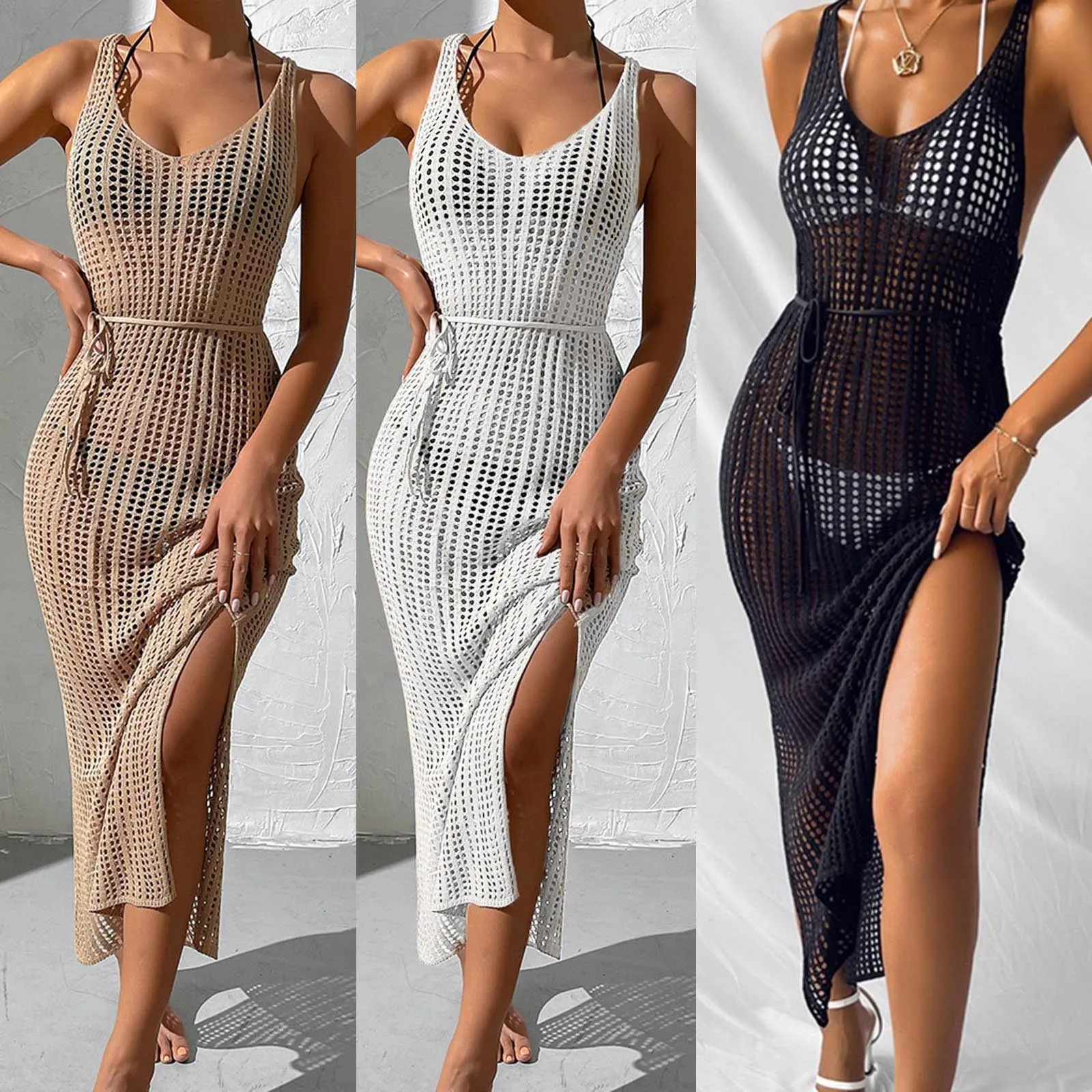 Sexy Hollow Knitted Tunic Beach Cover Up Sexy Cover-ups Long Beach Dress Summer Beachwear Female Women Robe