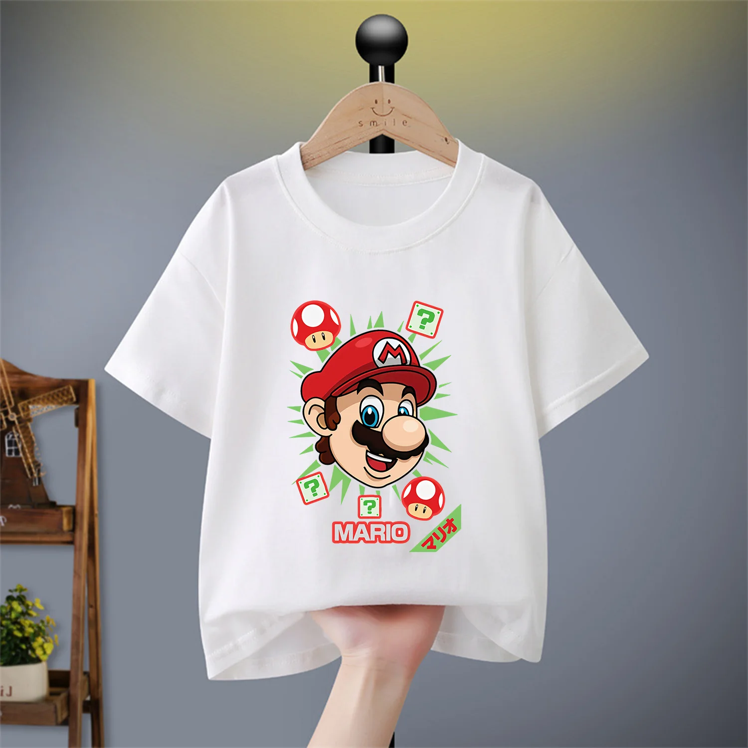 Camiseta de algodón de Super Mario Bros para niños, ropa de dibujos animados, figura de juego de moda, ropa blanca y negra, Tops, camiseta de verano