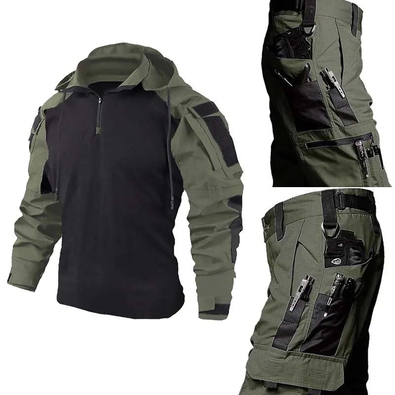 Camo taktyczny mundur koszule myśliwskie odporne na zużycie zestawy treningowe do uprawiania turystyki pieszej na świeżym powietrzu odzież kombinezony Ghillie spodnie bojowe garnitur męski