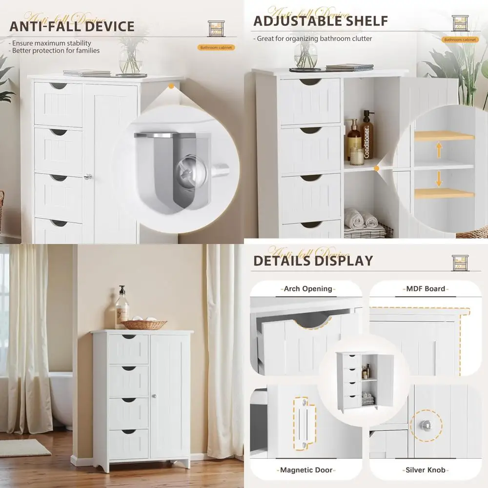 

White 4-Drawer Adjustable Shelf Storage Cabinet for Bathroom, Living Room, Kitchen