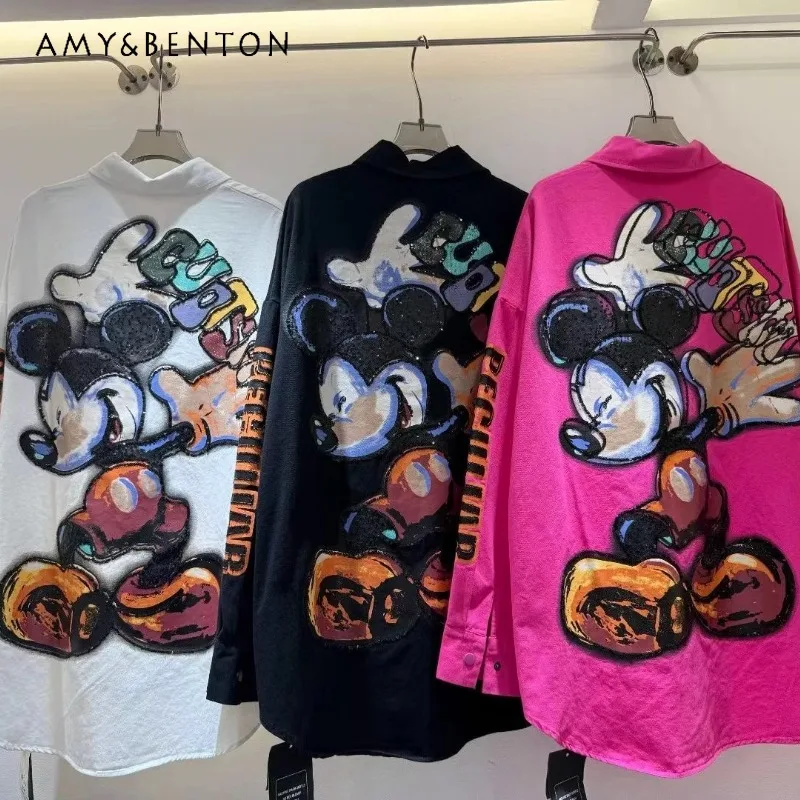 

Single-breasted Long Sleeves Shirt Women's New BF Casual Heavy Industry Printed Sequined Cartoon Top Blouse 3 Colors Can Choose