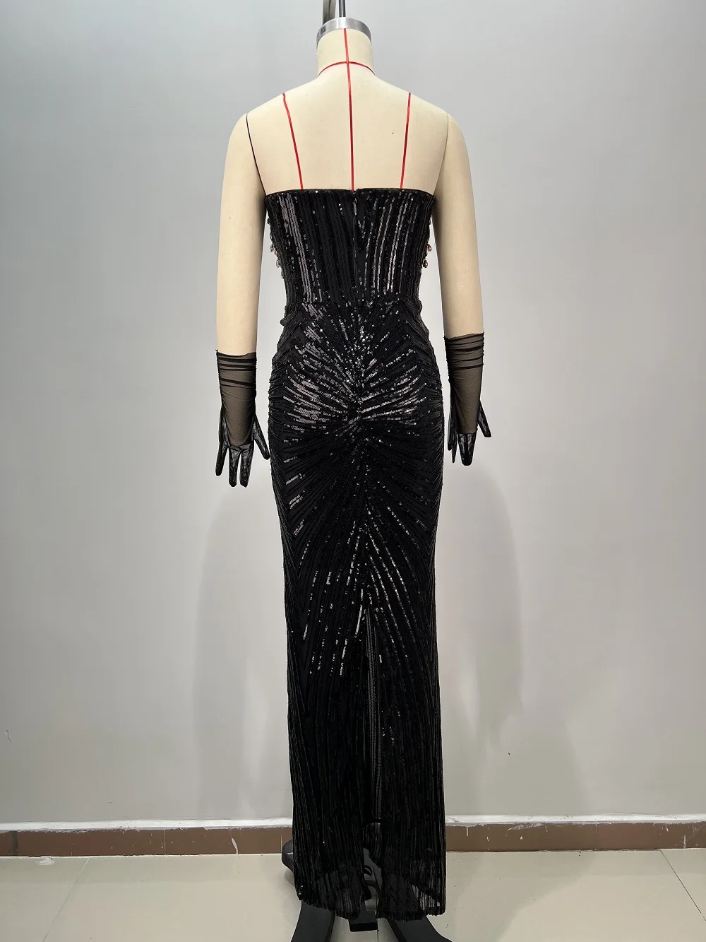 Black Sexy Strapless Dress For Women Fashion Sequins Diamonds Embelling Sleeveless Backless Red Carpet Gown&Gloves 72h Shipment