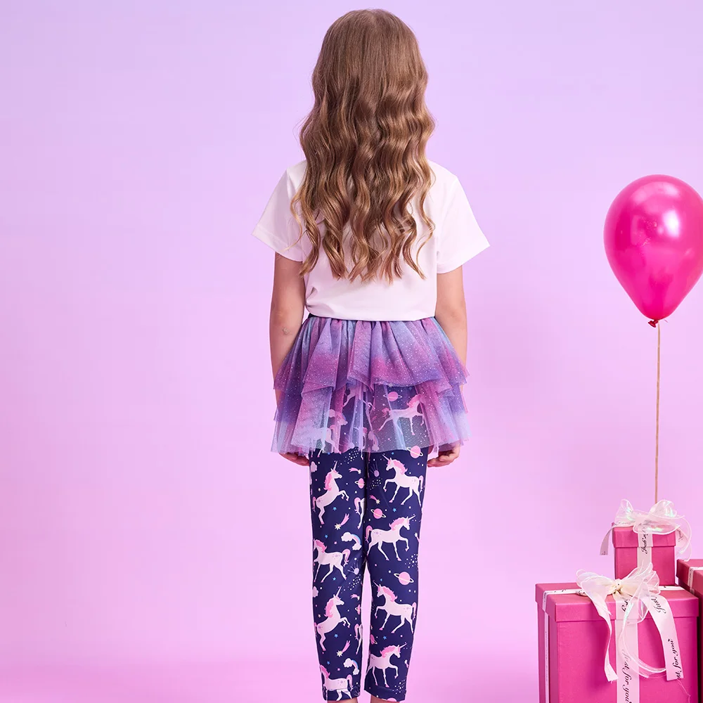 VIKITA Kids Girls Unicorn Print Pants Girls Mesh Skirts with Leggings Children Fake 2pcs Trousers Toddlers Pantskirt Pants Wear