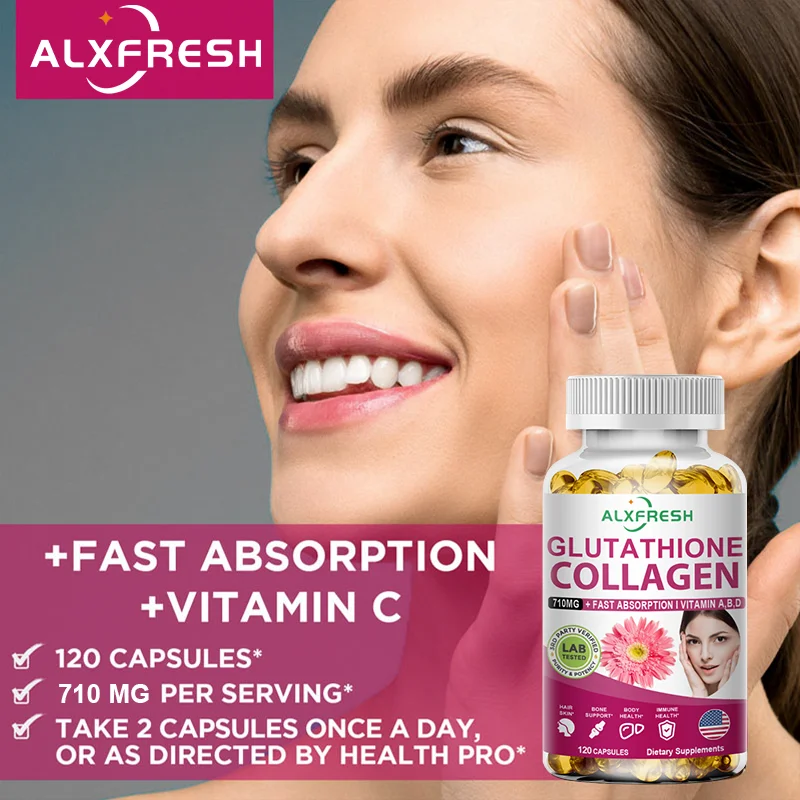 Alxfresh-Colágeno Hidrolizado, 710mg, 300mg, glutatión, 4000mcg, biotina y vitamina A D B6 B12, suplemento nutricional de cápsula