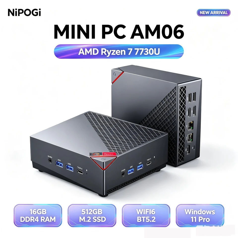 NIPOGI Mini PC, Ryzen 7 7730U 16GB DDR4 512GB SSD Mini Computers
