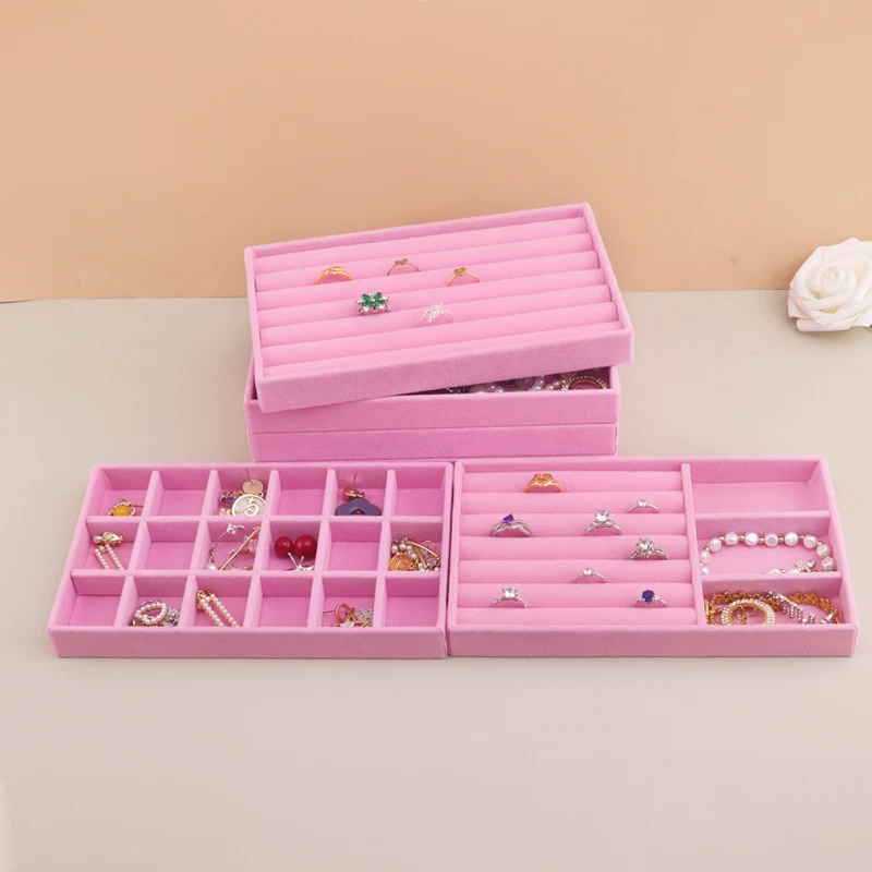 Vassoio per gioielli in velluto Cassetto portaoggetti Piccoli contenitori per gioielli rosa impilabili e confezioni adatti per orecchini ad anello Semplice pratico