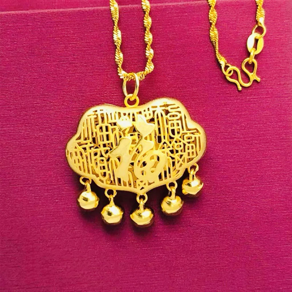 Hundred Blessings Longevity Lock Necklace Women 24K Gold AU999 - Adjustable length, proper size, elegant on neck