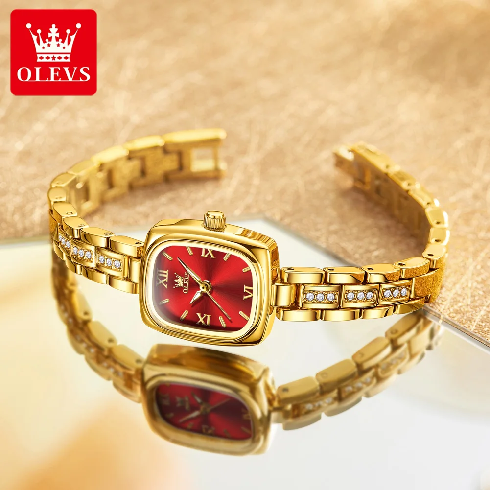 OLEVS Fashion Gold Red Luxury Quartz Watches Women Best Selling High Quality Stainless Steel Waterproof Original Ladies Watch