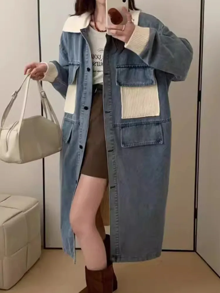 UCXQ แฟชั่น DENIM แจ็คเก็ตเกาหลีสไตล์ถัก Patchwork หลวมเดี่ยว Street Tide Long Coat ผู้หญิง 2025 ฤดูใบไม้ผลิฤดูใบไม้ร่วง C1933