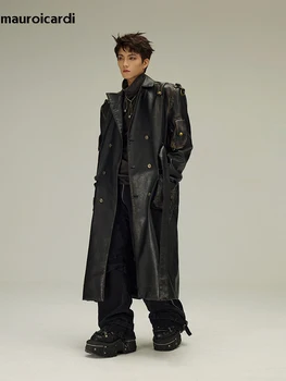 Men's Distressed Black PU Leather Trench Coat 3 Mauroicardi Spring Autumn Long Distressed Black Pu Leather Trench Coat Men Belt Double Breasted Luxury European Fashion 2024 3