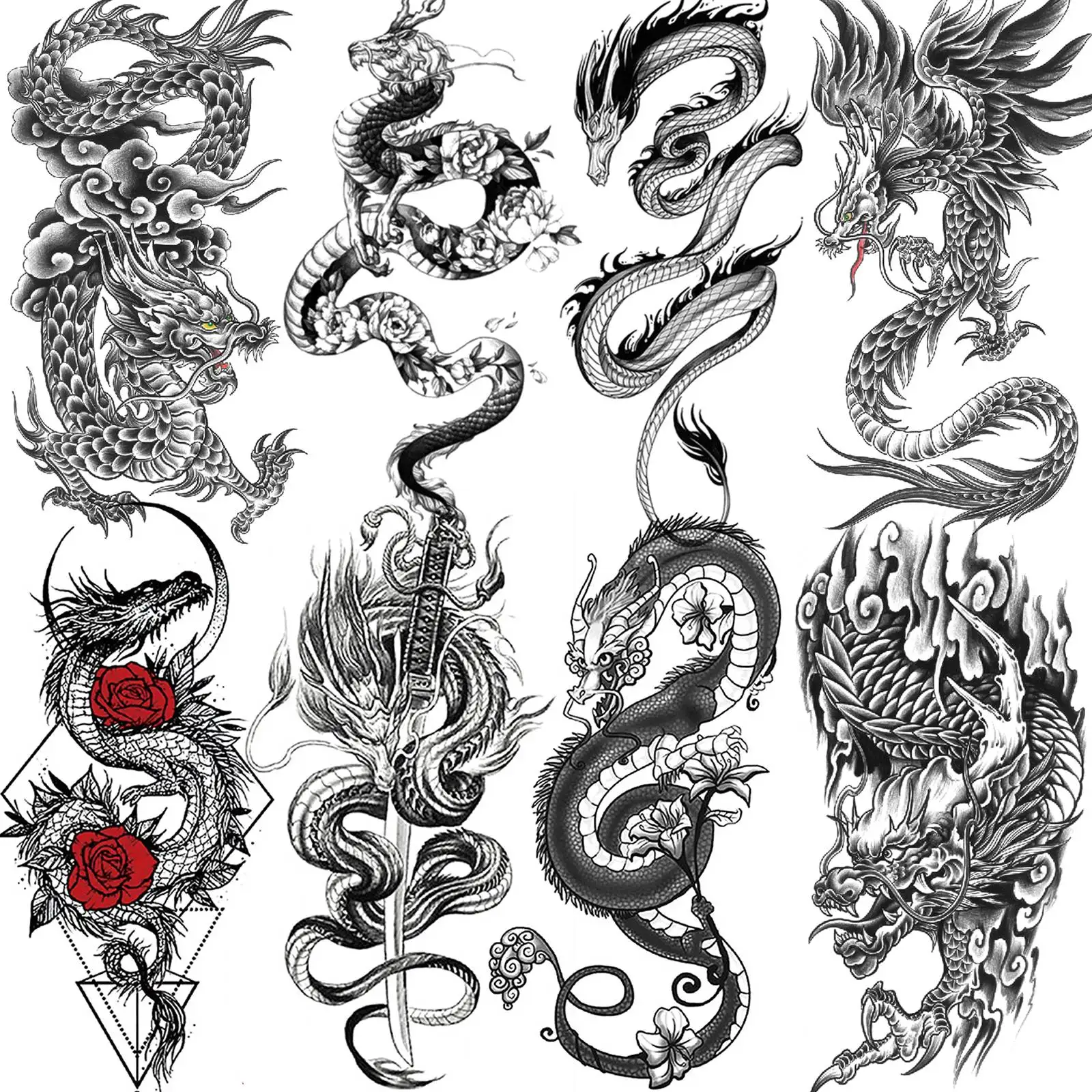1 Sheets Dragon Temporary Tattoos For Men Women Adults Leg Arm Body Self Adhesive Fake Tattoo Sticker Transferable Realistic