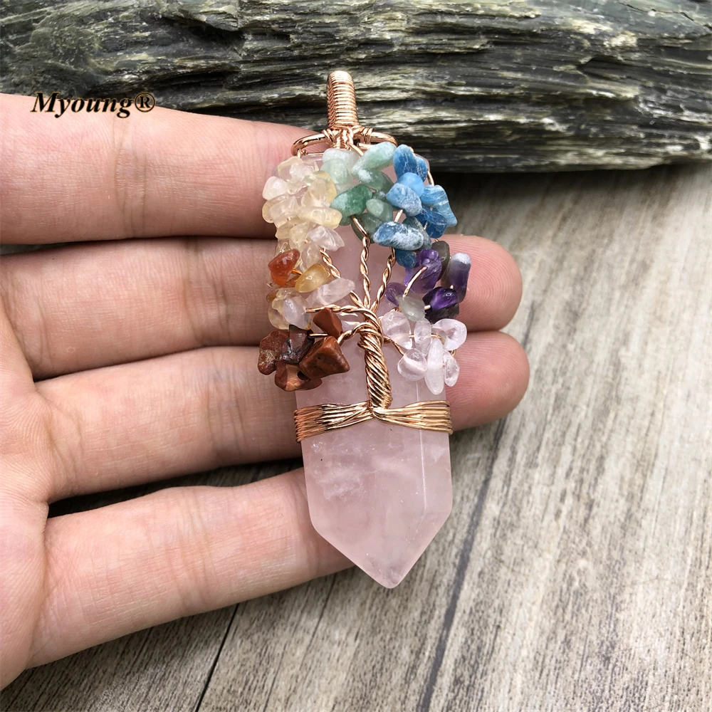 5PCS Seven Chakra Stones Tree Of Life Wire Wrap Large Sword Shape Rose Crystal Quartz Amethysts Necklace Pendant MY220626