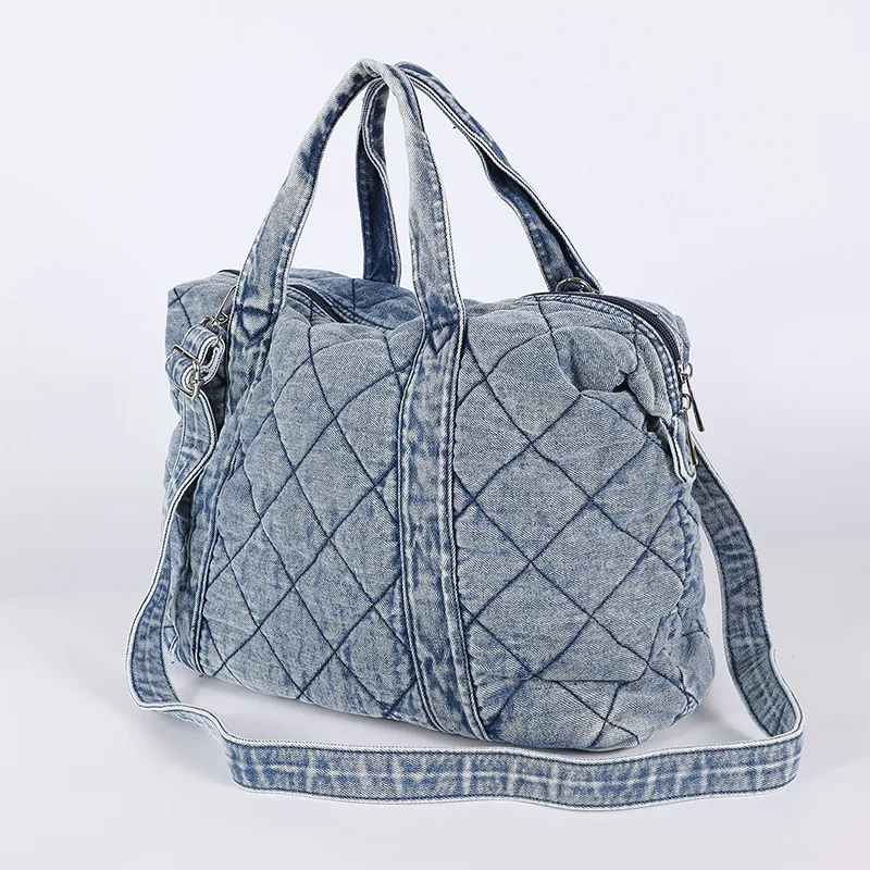 Vintage Washed Denim Quilted Boston Handbag Large Capacity Plaid Pattern Casual Handbag 2025 Hot Sale Women's Shoulder Bag