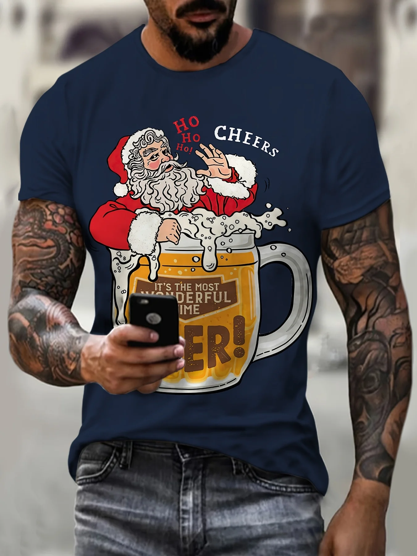 

New Year Party Beer Print Men's T-Shirt Santa Claus Pattern Short Sleeve Top Street Hip Hop X'mas Fashion Loose Pullover Clothes