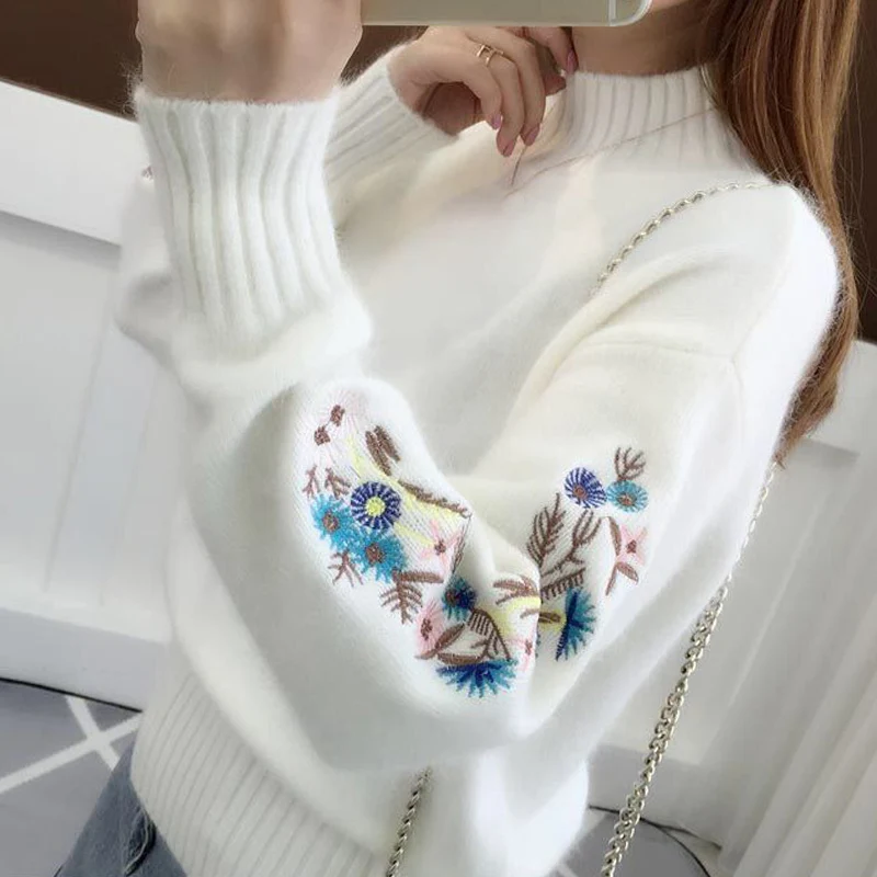 Autumn Winter Embroidery Sweater Women Fashion Half High Collar Long Sleeve Knit Jumper Woman 2024 Korean Loose Pullover Female