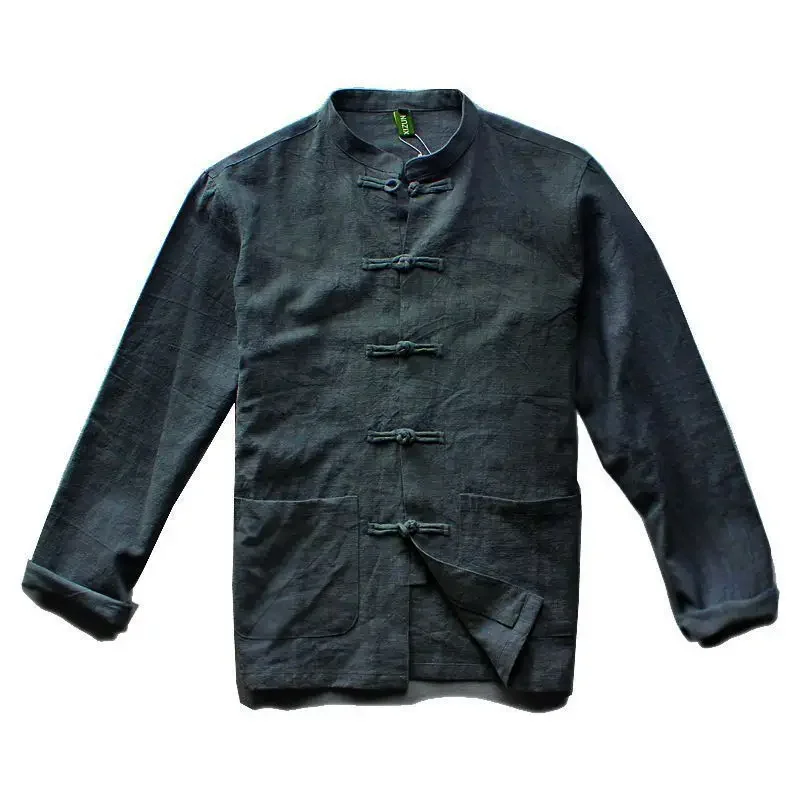 Frühling Herbst männer Leinen Hemd Jacke Chinesischen Stil Vintage Große Mantel Westlichen Tragen Casual Kleidung Für Männer