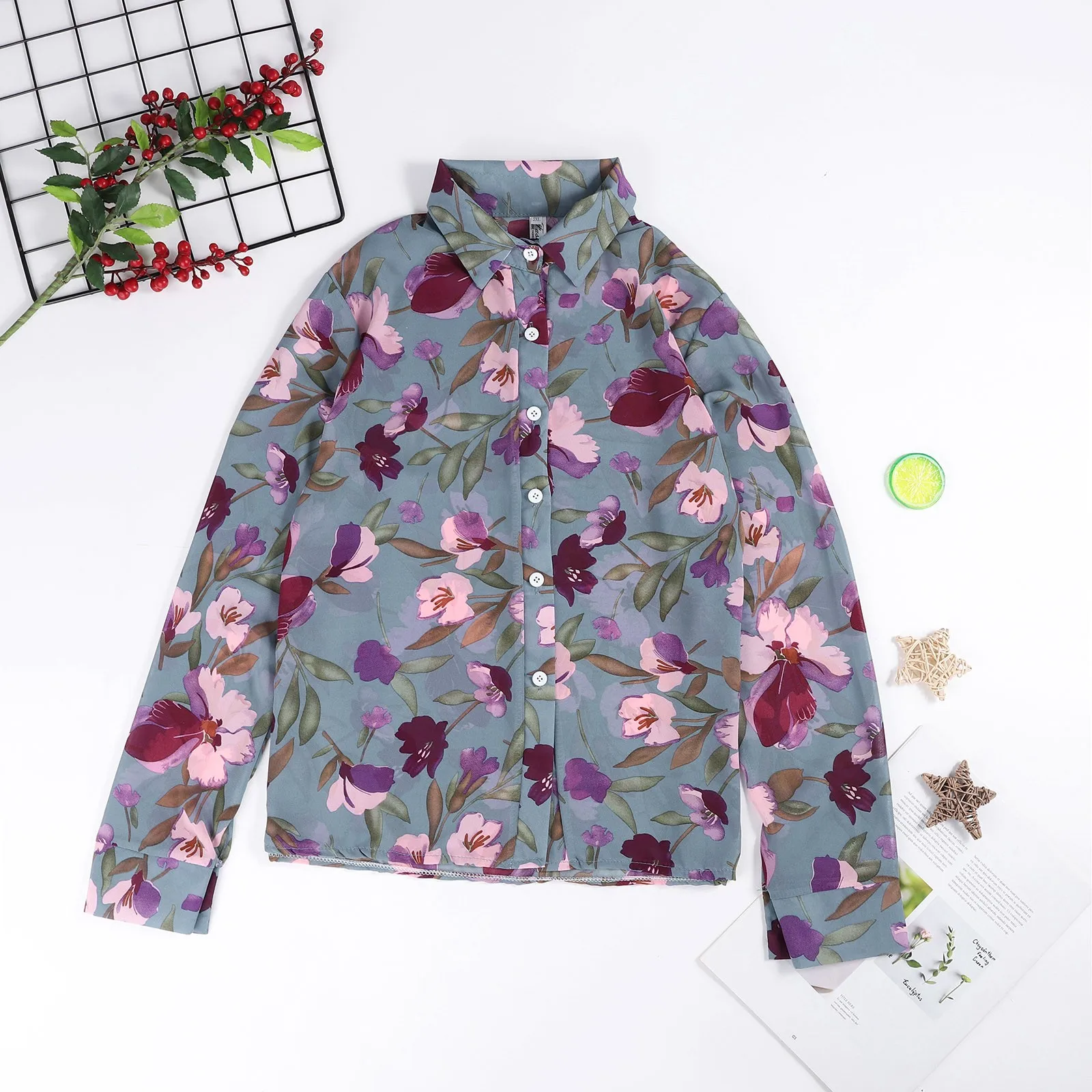 Spring Summer Casual Fashion Floral Print Long Sleeve Chiffon Shirt Women Elegant All-match Oversized Blouse Female Cardigan Top