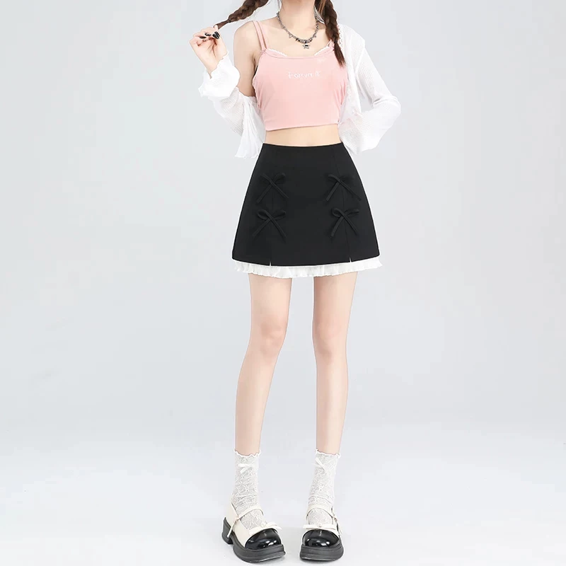 Women's High Waist A-Line Mini Skirt with Bow Decor Ruffle Hem Preppy JK Cute Coquette Y2K Gray Lined with Safety Shorts Side Zi