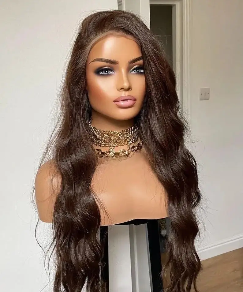 Wig Cokelat 13x4 HD Lace Front Wig Body Wave Lace Frontal Wig Water Wave Lace Wig 200 Density Sintetis Sedang Diskon