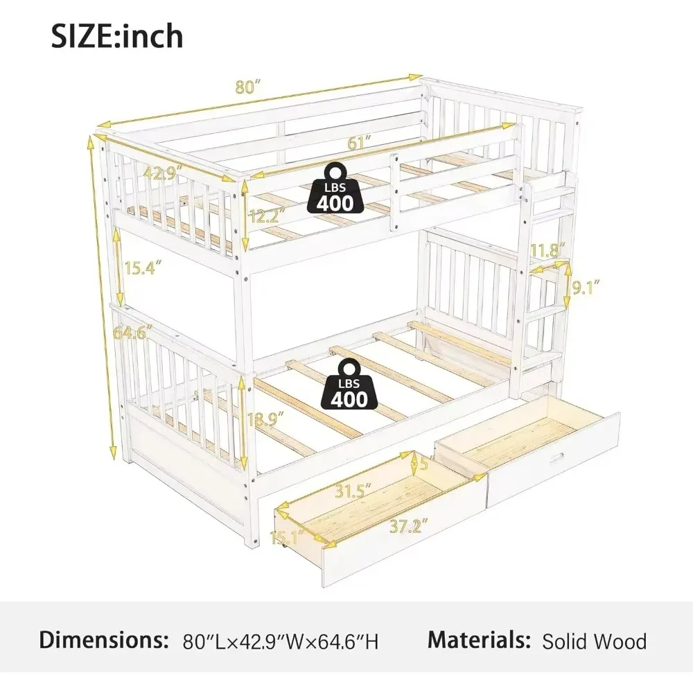 Beds， Wood Bunk Bed with Drawers, Convertible Wood Bunk Bed with Ladders and Two Storage Drawers, Twin Over Twin Size, Beds