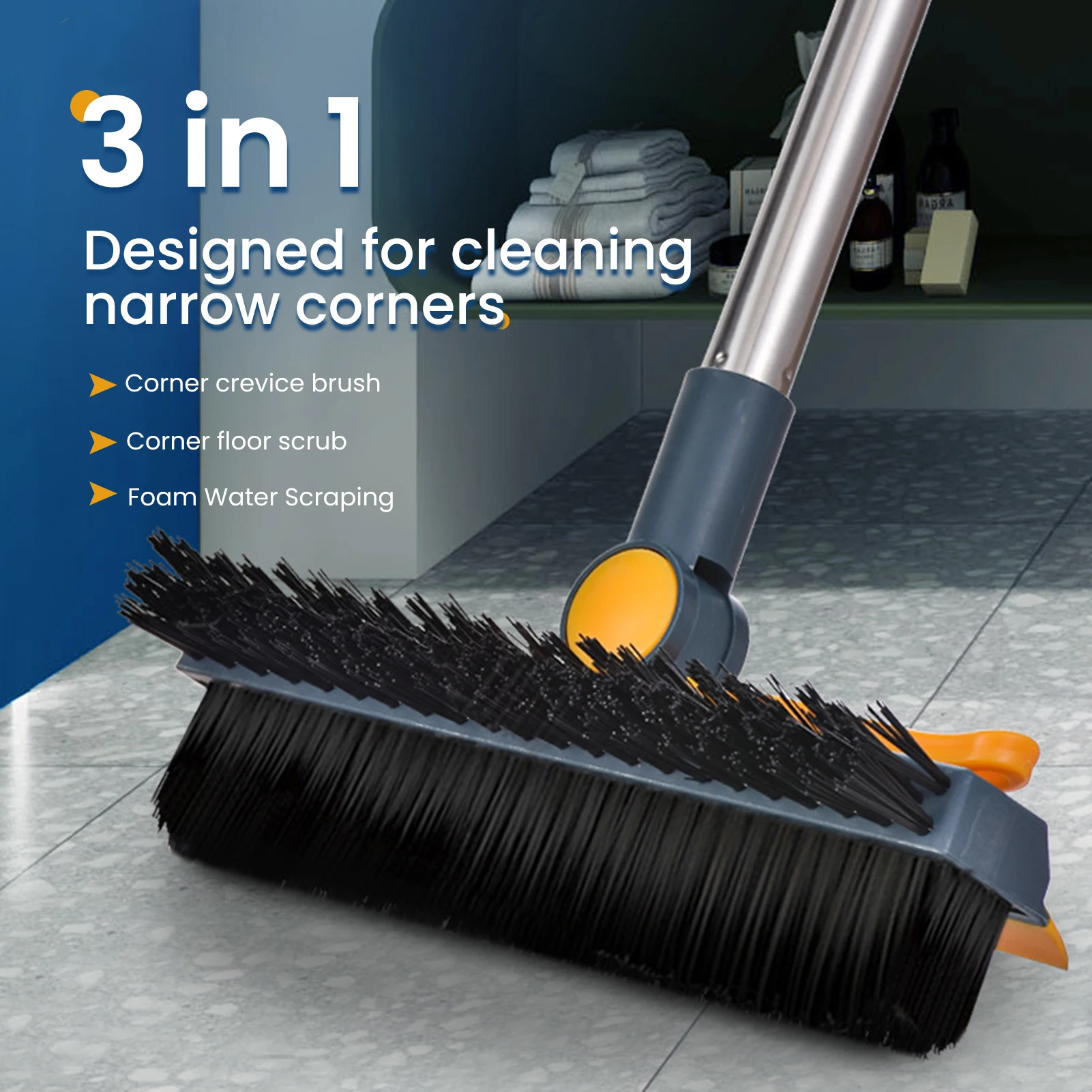 3 in 1 Floor Scrub Brush 180 Degree Rotation with Adjustable V-Shaped Broom Long Handle Bathroom Kitchen Floor Crevice Cleaning