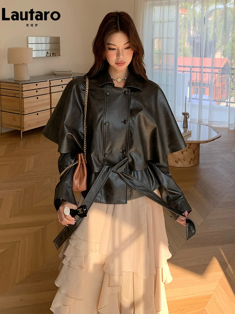

Куртка-пальто Lautaro из мягкой искусственной кожи в стиле ретро для женщин, двубортная, элегантная, люксовая, дизайнерская, в стиле Emo, модная одежда с подиума