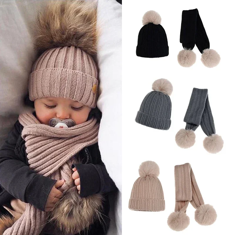 3-24 Months Winter Thick Warm Baby Hat Set Scarf for Boy Girl Cute Double Pompom Kids Children Beanie Scarves for Boys Girls