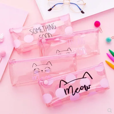 Ins Cute Girl Pink Transparent Cat Pencil Case Small Fresh and Simple Storage Pencil Bag Stationery Bag