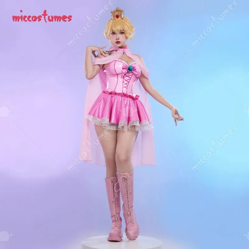 

CyMiccostumes Women's Peach Derivative Corset Skirt Set Princess Cosplay Costume Pink Outfit Halter Top and Skirt with Shawl