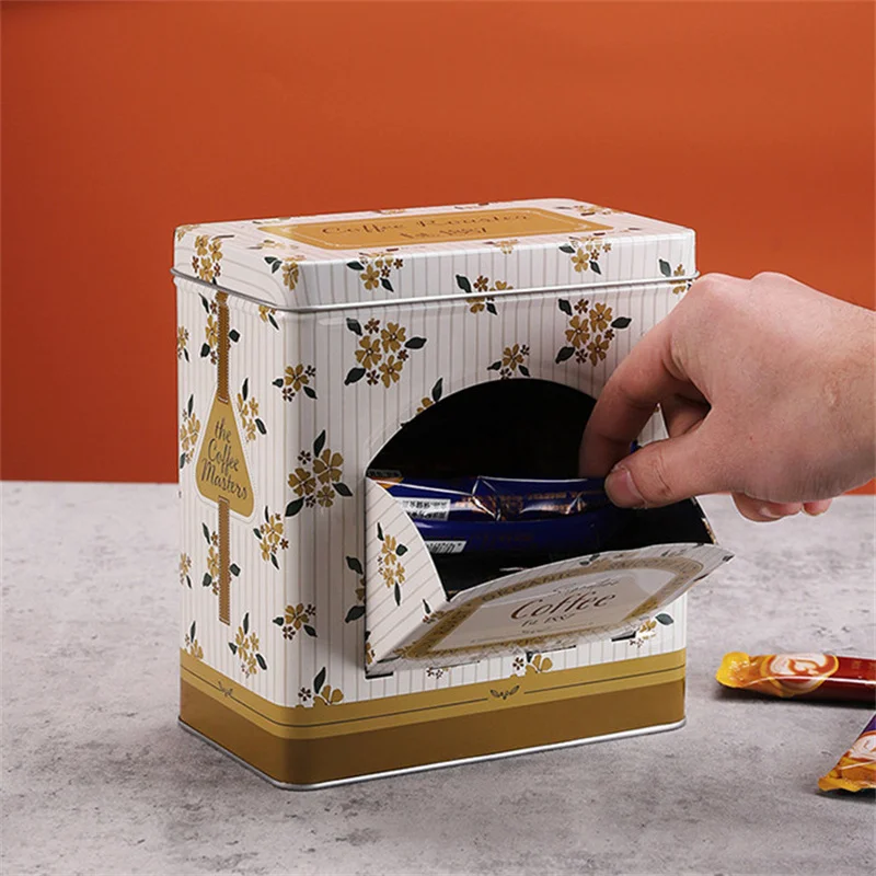 Flowers Square Metal Coffee Tins Can Dispenser Storage Box for Tea Bag Rectangular Desktop Storage Box with Side Opening