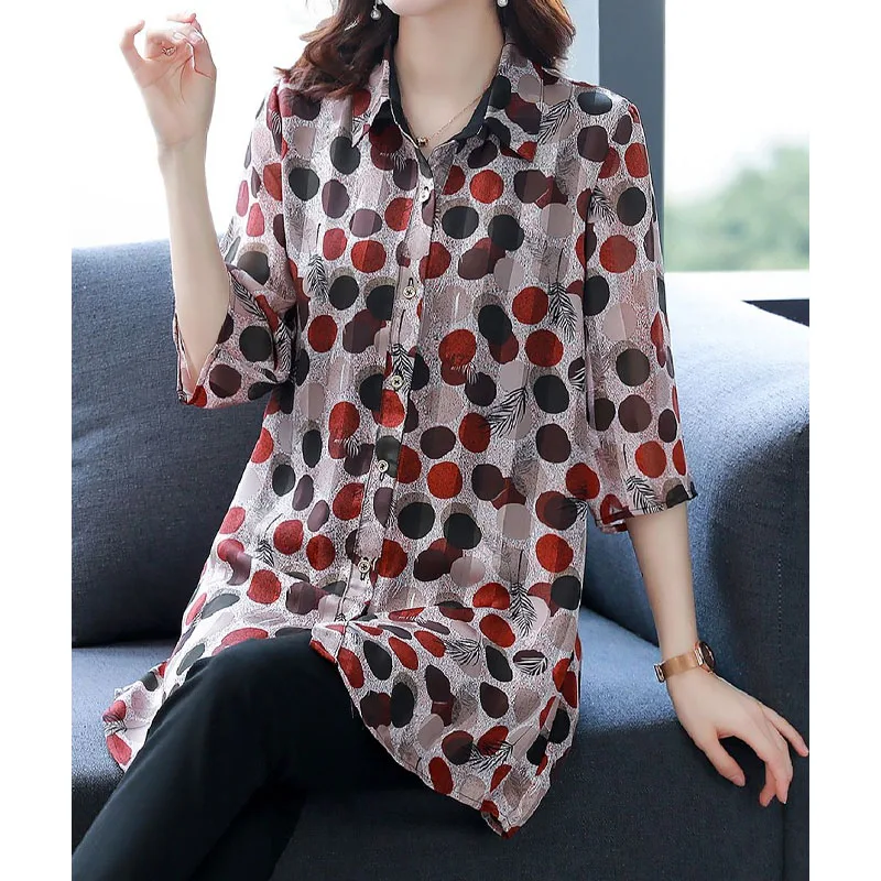 Summer New Women\'s All-match Polo-Neck Chiffon Shirt Female Clothing Fashion Single-breasted Casual Polka Dot Printed Blouse