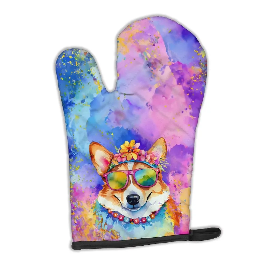 

Corgi Hippie Dawg Oven Mitt Heat Resistant Thick Oven Mitt for Hot Pans and Oven Kitchen Mitt Protect Hands Cooking Baking Glov