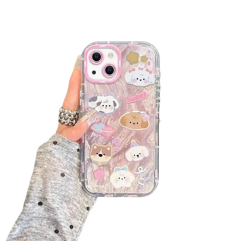 

Pink Gradient Cartoon Cat And Dog Suitable For Iphone 16 Phone Case Iphone 15 Promax 14 13 Feather Gauze Puff Case 12