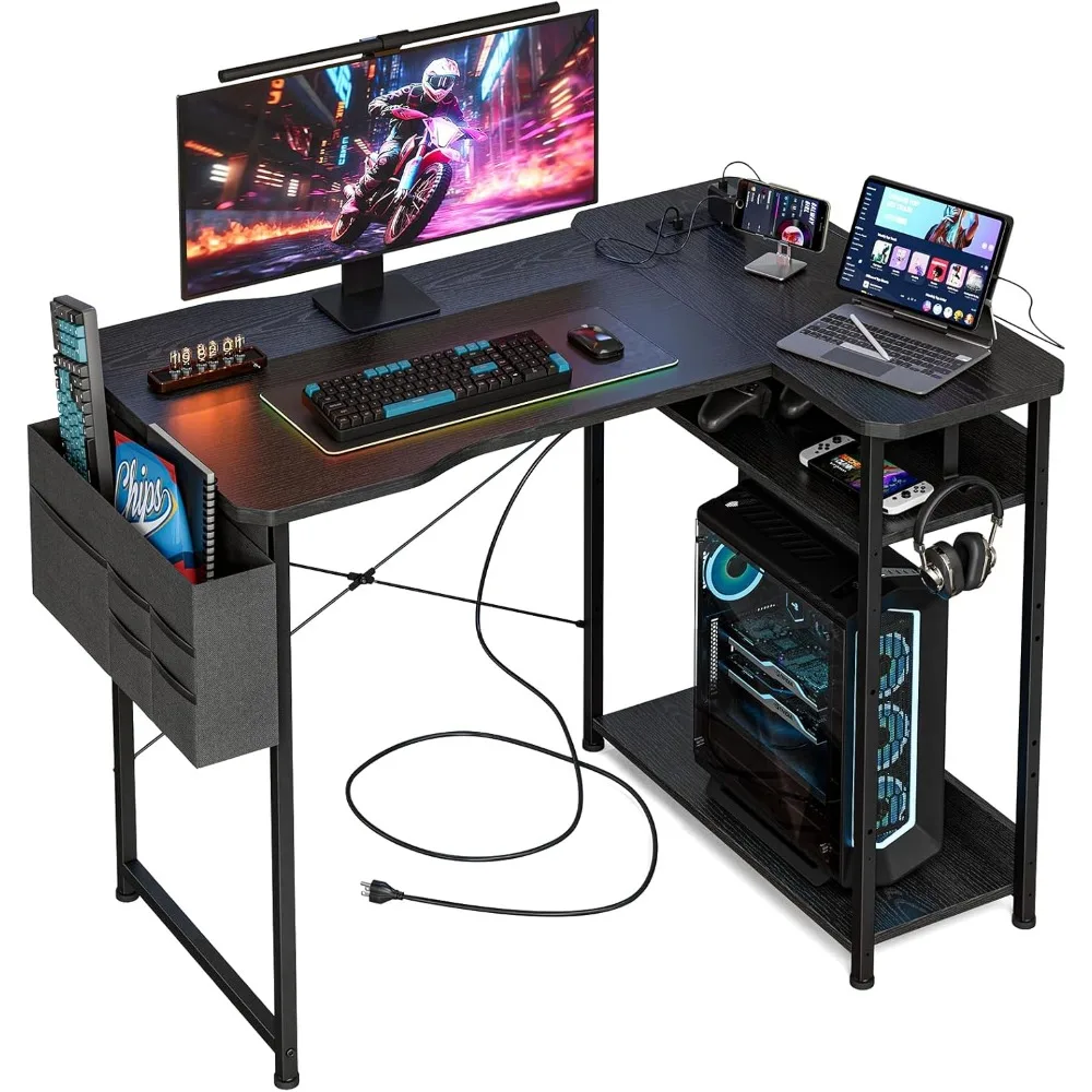 

Small Gaming Desk with Power Outlets, 40 Inch L Shaped Desks with Reversible Shelves and Storage Bag,Computer Desk Corner Desk P