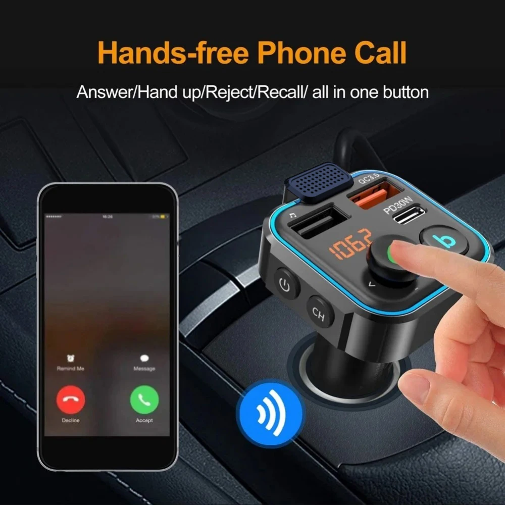 Bluetooth 5.0 FM Transmitter Handsfree Car Radio Modulator MP3 Player With 22.5W USB Super Quick Charge Adapter for Car