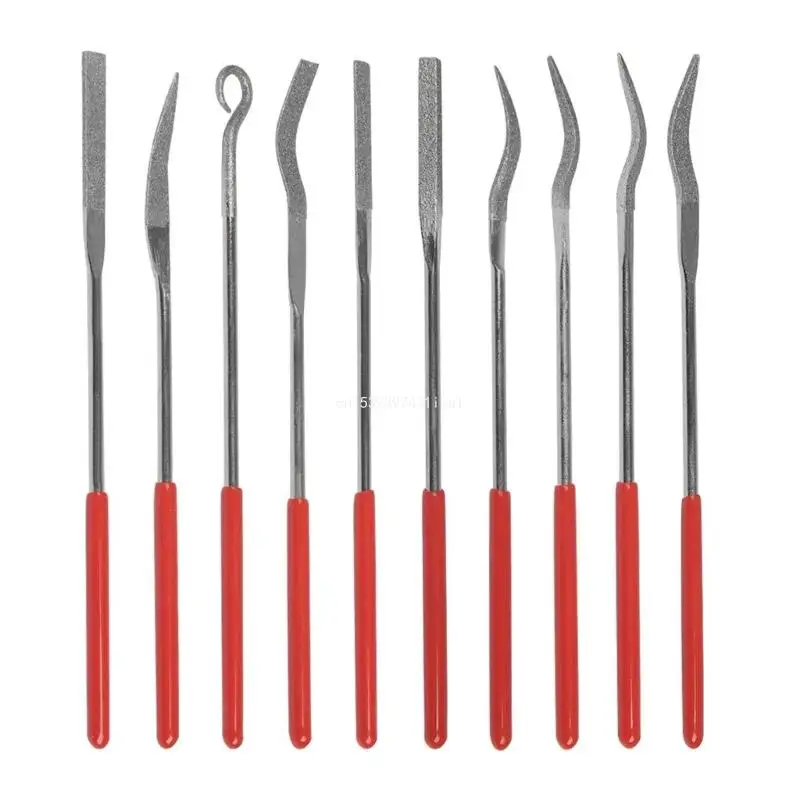 10Pcs Assorted Mini Diamond Files, Small Jewelers Hand Needle File Set, Round Handle Rifler Files Tool for Wood