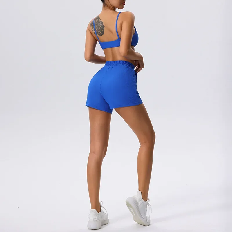 여성 두 조각 피트니스 요가 세트 솔리드 컬러 늑골이있는 패브릭 체육관 정장 통기성 빠른 건조 운동복 여성 운동복